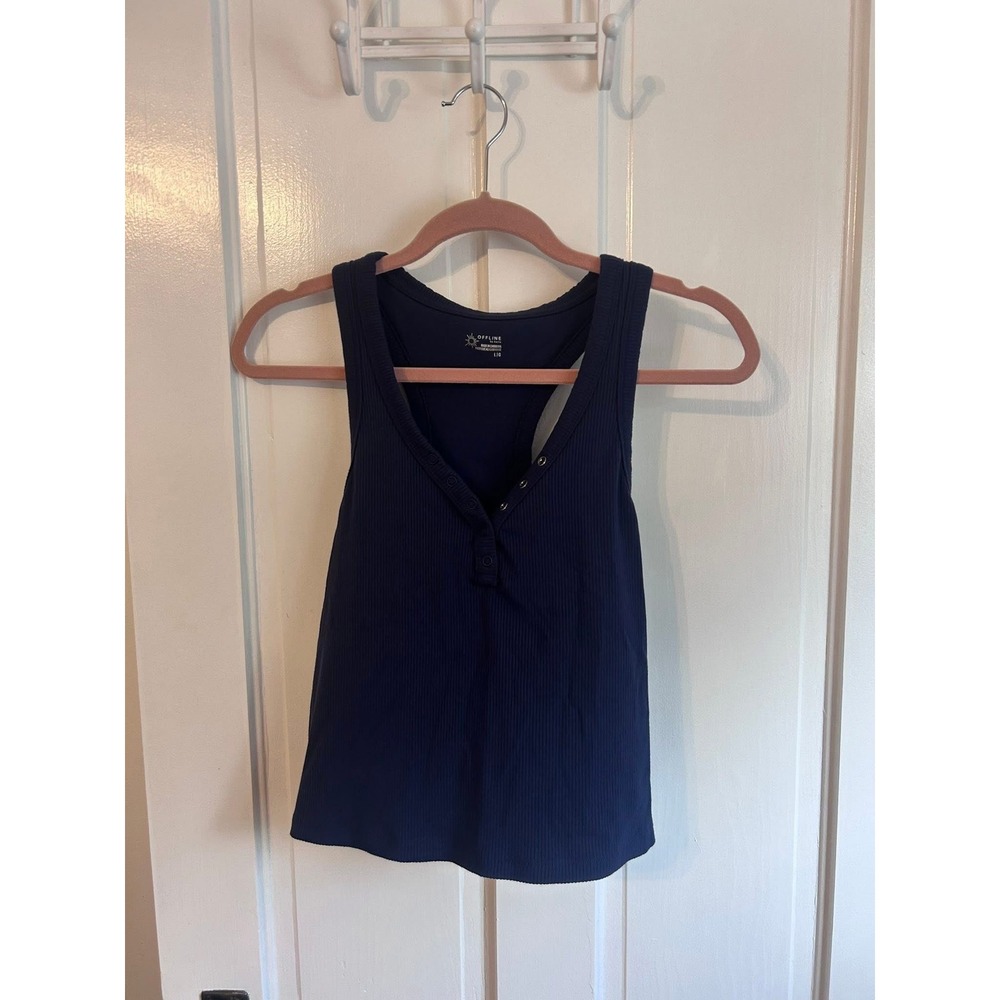 OFFLINE by Aerie Navy Blue Ribbed Henley Racerback Tank Top Shelf Bra Large